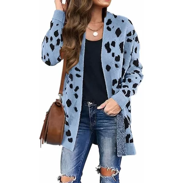 ZESICA Womens 2024 Fall Winter Long Sleeves Open Front Leopard Print Knitted Sweater Cardigan Coat OutwearBlue