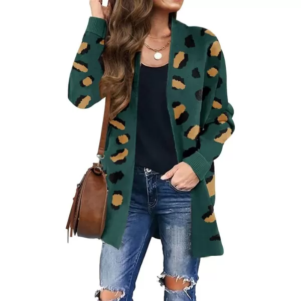 ZESICA Womens 2024 Fall Winter Long Sleeves Open Front Leopard Print Knitted Sweater Cardigan Coat OutwearGreen