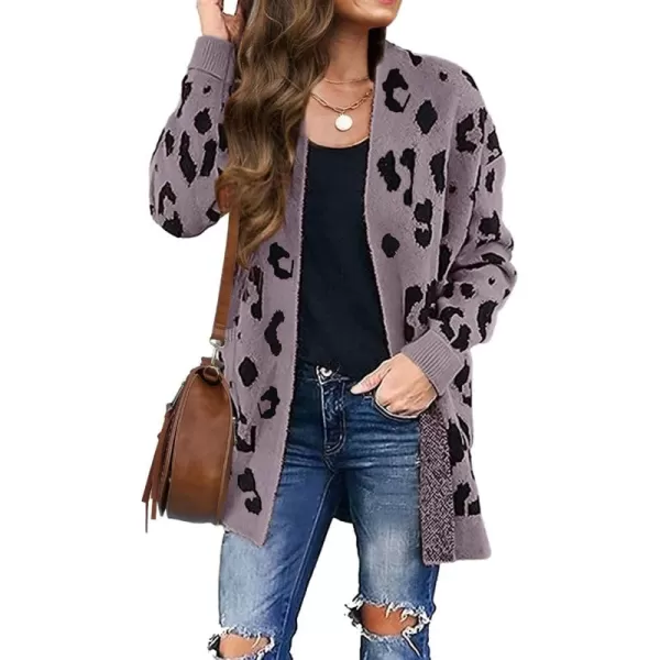 ZESICA Womens 2024 Fall Winter Long Sleeves Open Front Leopard Print Knitted Sweater Cardigan Coat OutwearPurple