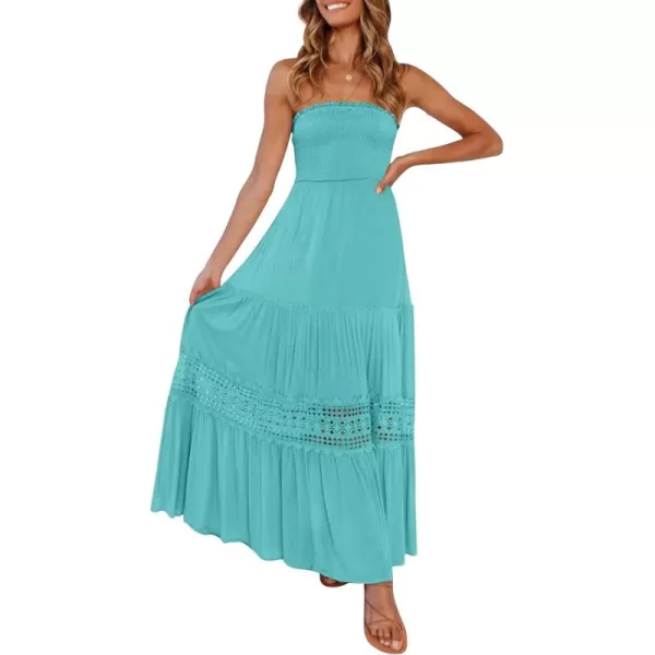 ZESICA Womens 2024 Summer Bohemian Strapless Off Shoulder Lace Trim Backless Flowy A Line Beach Long Maxi DressAqua