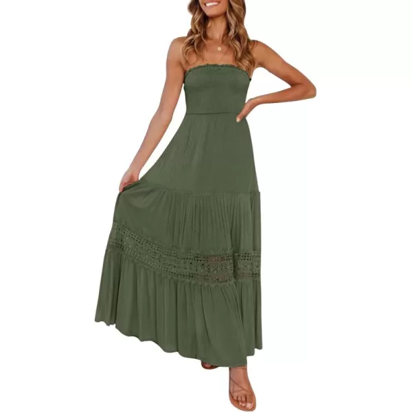 ZESICA Womens 2024 Summer Bohemian Strapless Off Shoulder Lace Trim Backless Flowy A Line Beach Long Maxi DressArmygreen