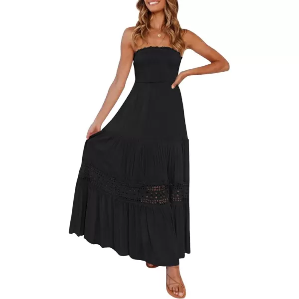 ZESICA Womens 2024 Summer Bohemian Strapless Off Shoulder Lace Trim Backless Flowy A Line Beach Long Maxi DressBlack