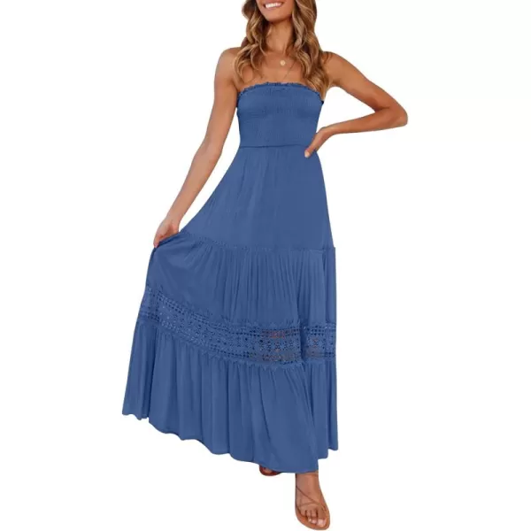 ZESICA Womens 2024 Summer Bohemian Strapless Off Shoulder Lace Trim Backless Flowy A Line Beach Long Maxi DressBlue