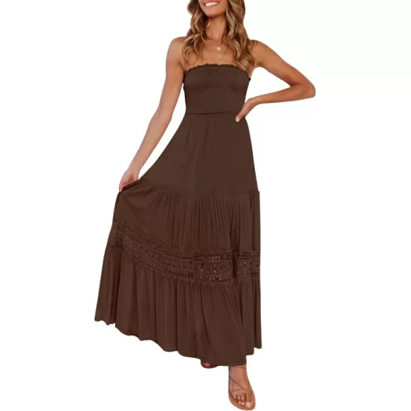 ZESICA Womens 2024 Summer Bohemian Strapless Off Shoulder Lace Trim Backless Flowy A Line Beach Long Maxi DressCoffee