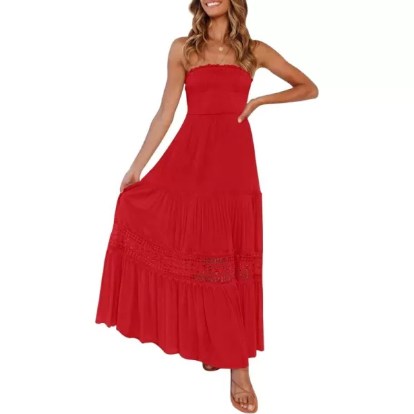 ZESICA Womens 2024 Summer Bohemian Strapless Off Shoulder Lace Trim Backless Flowy A Line Beach Long Maxi DressFirered