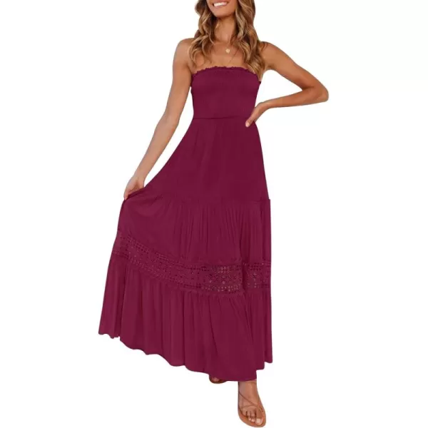 ZESICA Womens 2024 Summer Bohemian Strapless Off Shoulder Lace Trim Backless Flowy A Line Beach Long Maxi DressFuchsia