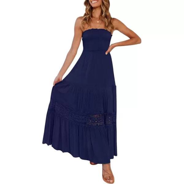 ZESICA Womens 2024 Summer Bohemian Strapless Off Shoulder Lace Trim Backless Flowy A Line Beach Long Maxi DressNavy