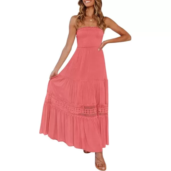 ZESICA Womens 2024 Summer Bohemian Strapless Off Shoulder Lace Trim Backless Flowy A Line Beach Long Maxi DressPeach