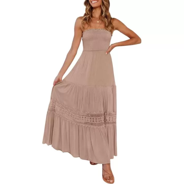 ZESICA Womens 2024 Summer Bohemian Strapless Off Shoulder Lace Trim Backless Flowy A Line Beach Long Maxi DressPink