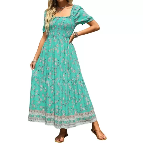 ZESICA Womens 2024 Summer Boho Floral Print Square Neck Ruffle Swing Beach Long Maxi DressAqua