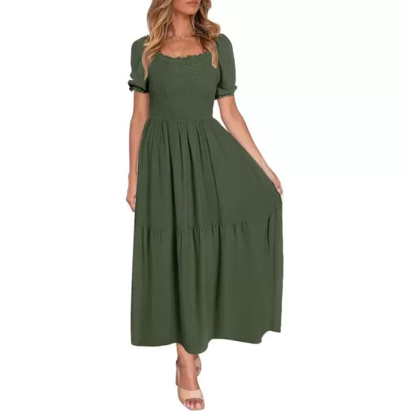 ZESICA Womens 2024 Summer Boho Floral Print Square Neck Ruffle Swing Beach Long Maxi DressArmygreen