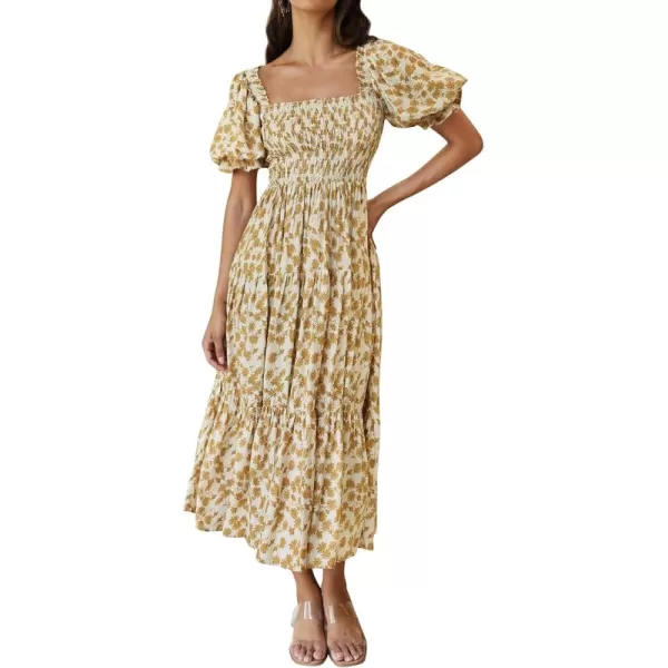 ZESICA Womens 2024 Summer Boho Floral Print Square Neck Ruffle Swing Beach Long Maxi DressBeige