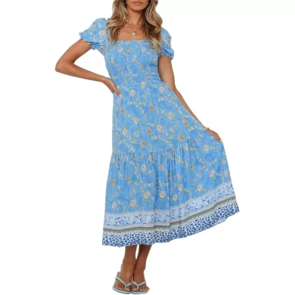 ZESICA Womens 2024 Summer Boho Floral Print Square Neck Ruffle Swing Beach Long Maxi DressBlue