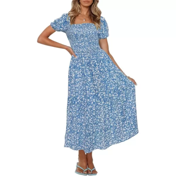 ZESICA Womens 2024 Summer Boho Floral Print Square Neck Ruffle Swing Beach Long Maxi DressBlue2
