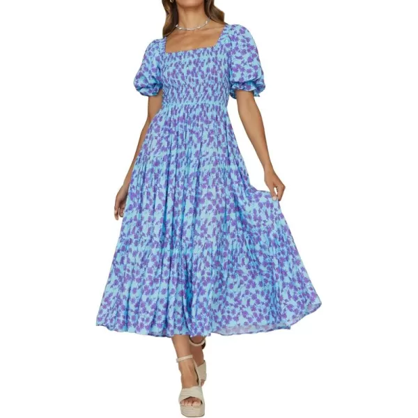ZESICA Womens 2024 Summer Boho Floral Print Square Neck Ruffle Swing Beach Long Maxi DressBluishviolet