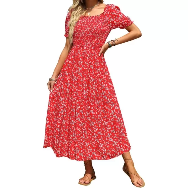 ZESICA Womens 2024 Summer Boho Floral Print Square Neck Ruffle Swing Beach Long Maxi DressCherry