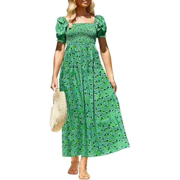 ZESICA Womens 2024 Summer Boho Floral Print Square Neck Ruffle Swing Beach Long Maxi DressGrassgreen