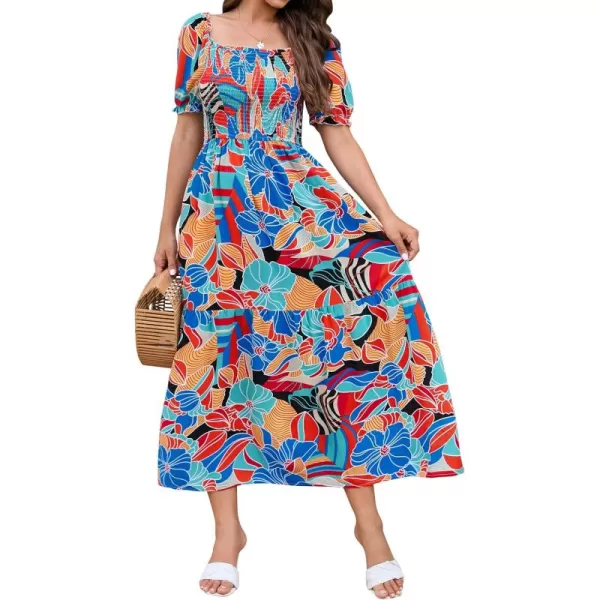 ZESICA Womens 2024 Summer Boho Floral Print Square Neck Ruffle Swing Beach Long Maxi DressGreenblue