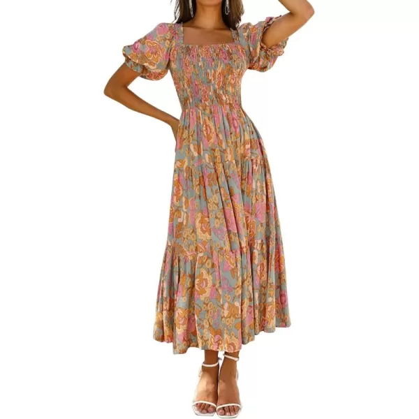 ZESICA Womens 2024 Summer Boho Floral Print Square Neck Ruffle Swing Beach Long Maxi DressGreygreen