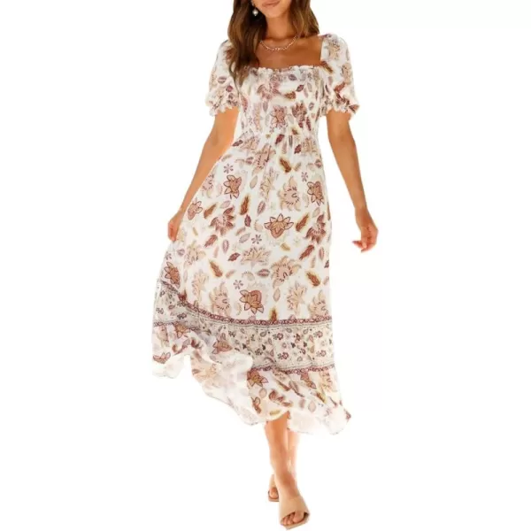 ZESICA Womens 2024 Summer Boho Floral Print Square Neck Ruffle Swing Beach Long Maxi DressIvory