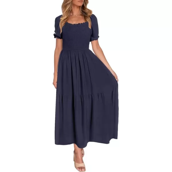 ZESICA Womens 2024 Summer Boho Floral Print Square Neck Ruffle Swing Beach Long Maxi DressNavyblue