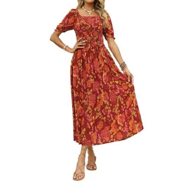 ZESICA Womens 2024 Summer Boho Floral Print Square Neck Ruffle Swing Beach Long Maxi DressOrangeRed