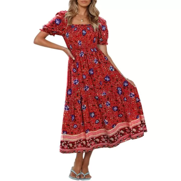 ZESICA Womens 2024 Summer Boho Floral Print Square Neck Ruffle Swing Beach Long Maxi DressRed
