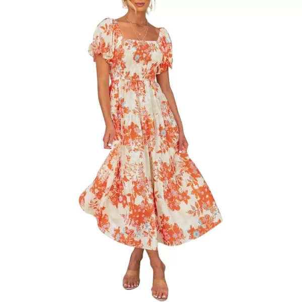 ZESICA Womens 2024 Summer Boho Floral Print Square Neck Ruffle Swing Beach Long Maxi DressTangerine