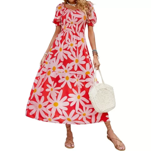 ZESICA Womens 2024 Summer Boho Floral Print Square Neck Ruffle Swing Beach Long Maxi DressTomato