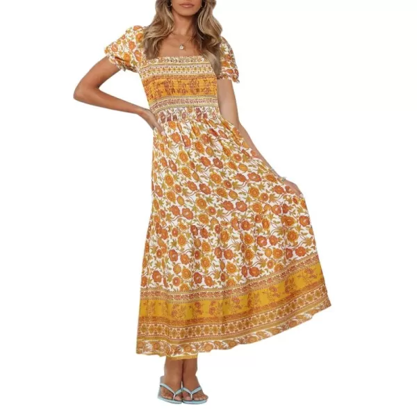 ZESICA Womens 2024 Summer Boho Floral Print Square Neck Ruffle Swing Beach Long Maxi DressYellow
