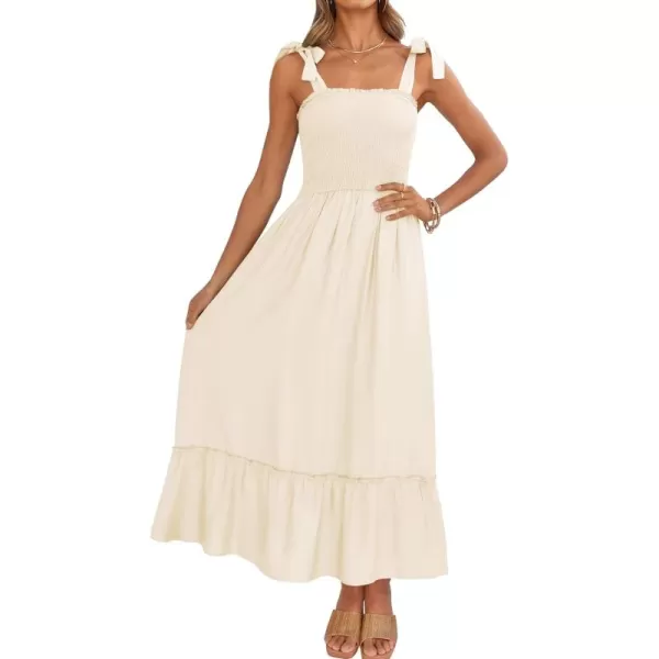 ZESICA Womens 2024 Summer Boho Spaghetti Strap Square Neck Solid Color Ruffle A Line Beach Long Maxi DressApricot