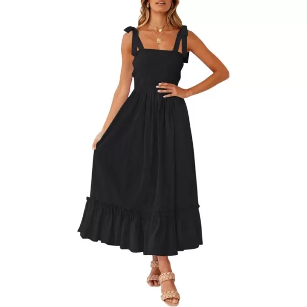 ZESICA Womens 2024 Summer Boho Spaghetti Strap Square Neck Solid Color Ruffle A Line Beach Long Maxi DressBlack