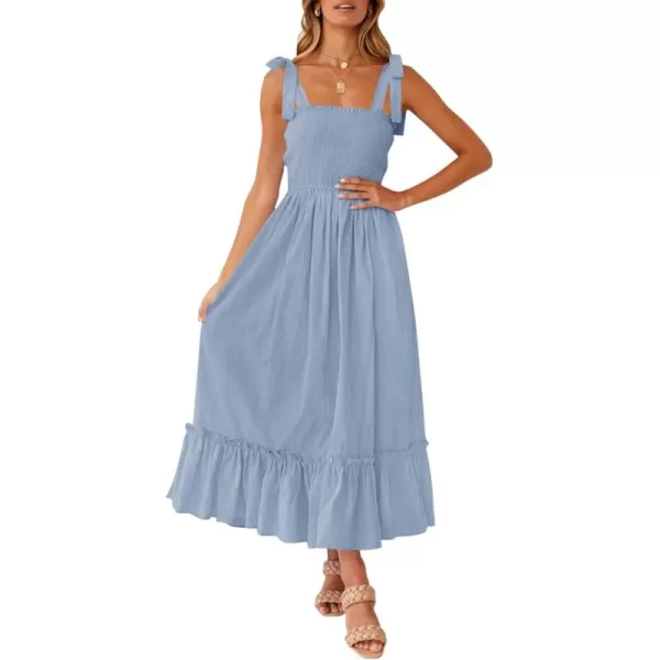 ZESICA Womens 2024 Summer Boho Spaghetti Strap Square Neck Solid Color Ruffle A Line Beach Long Maxi DressBlue