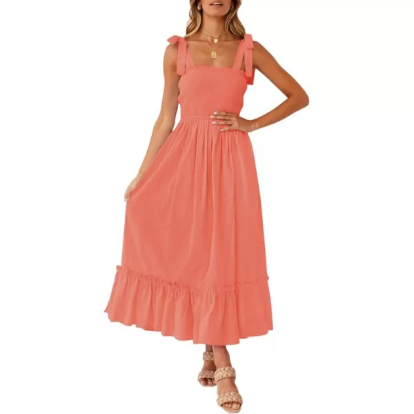 ZESICA Womens 2024 Summer Boho Spaghetti Strap Square Neck Solid Color Ruffle A Line Beach Long Maxi DressGrapefruit