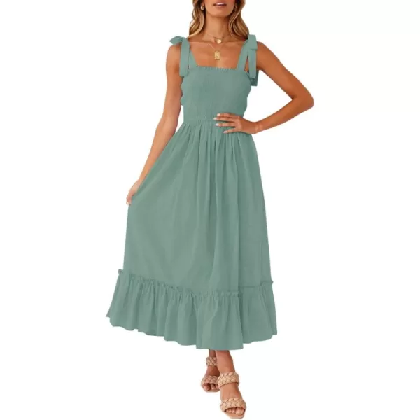 ZESICA Womens 2024 Summer Boho Spaghetti Strap Square Neck Solid Color Ruffle A Line Beach Long Maxi DressGreen