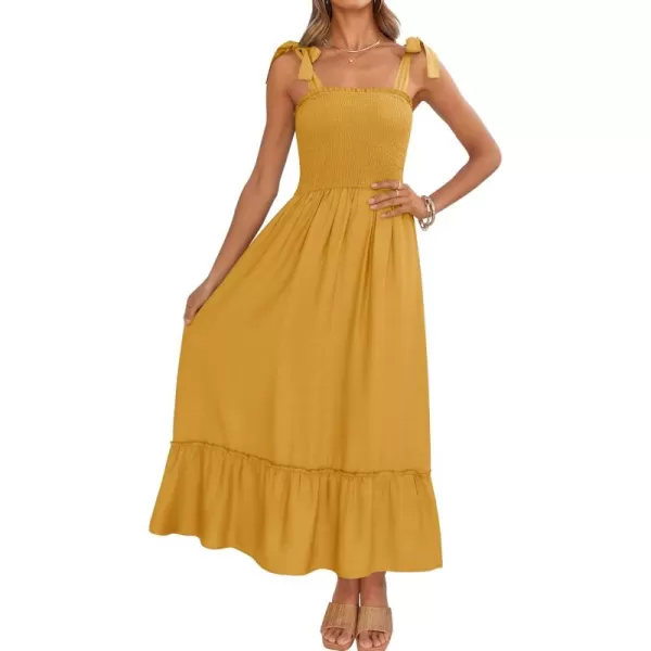 ZESICA Womens 2024 Summer Boho Spaghetti Strap Square Neck Solid Color Ruffle A Line Beach Long Maxi DressMustard