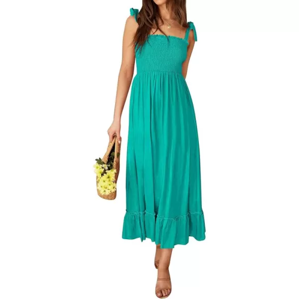 ZESICA Womens 2024 Summer Boho Spaghetti Strap Square Neck Solid Color Ruffle A Line Beach Long Maxi DressPeacock