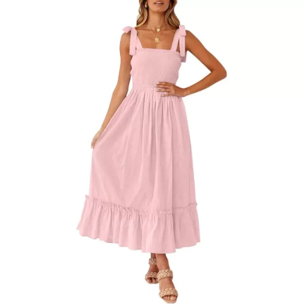 ZESICA Womens 2024 Summer Boho Spaghetti Strap Square Neck Solid Color Ruffle A Line Beach Long Maxi DressPink