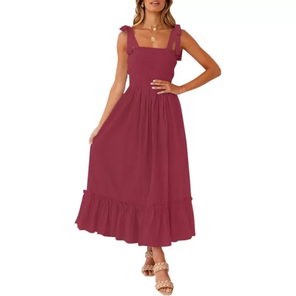 ZESICA Womens 2024 Summer Boho Spaghetti Strap Square Neck Solid Color Ruffle A Line Beach Long Maxi DressRed