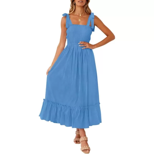 ZESICA Womens 2024 Summer Boho Spaghetti Strap Square Neck Solid Color Ruffle A Line Beach Long Maxi DressRoyalblue