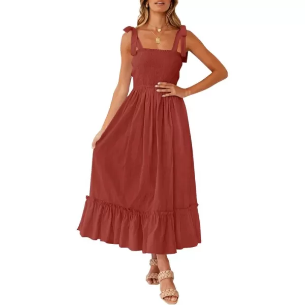 ZESICA Womens 2024 Summer Boho Spaghetti Strap Square Neck Solid Color Ruffle A Line Beach Long Maxi DressRust