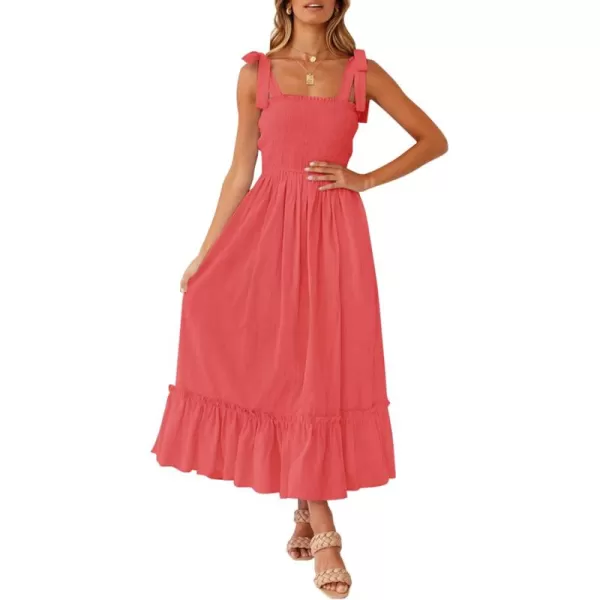 ZESICA Womens 2024 Summer Boho Spaghetti Strap Square Neck Solid Color Ruffle A Line Beach Long Maxi DressWatermelon