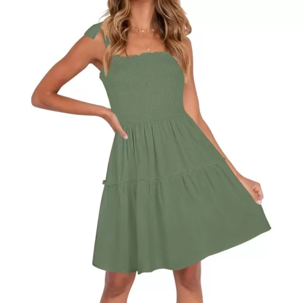 ZESICA Womens 2024 Summer Spaghetti Strap Sleeveless Square Neck Ruffle A Line Swing Mini DressArmygreen