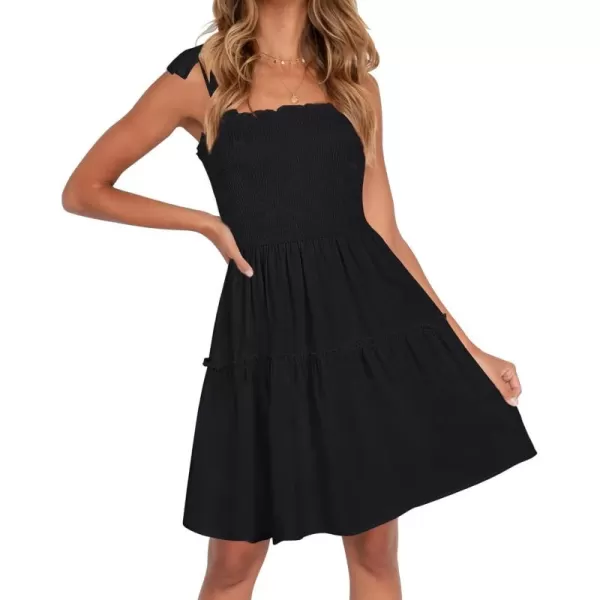 ZESICA Womens 2024 Summer Spaghetti Strap Sleeveless Square Neck Ruffle A Line Swing Mini DressBlack