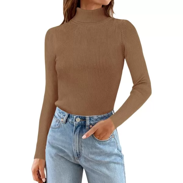 ZESICA Womens 2024 Turtleneck Long Sleeve Shirts Fall Basic Tops Slim Fitted Ribbed Knit SweaterBrown