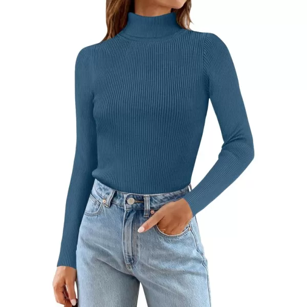 ZESICA Womens 2024 Turtleneck Long Sleeve Shirts Fall Basic Tops Slim Fitted Ribbed Knit SweaterDarkblue