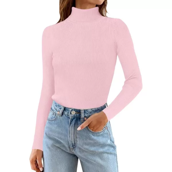 ZESICA Womens 2024 Turtleneck Long Sleeve Shirts Fall Basic Tops Slim Fitted Ribbed Knit SweaterPink
