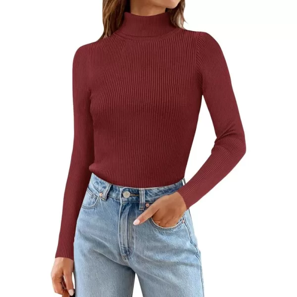 ZESICA Womens 2024 Turtleneck Long Sleeve Shirts Fall Basic Tops Slim Fitted Ribbed Knit SweaterWine