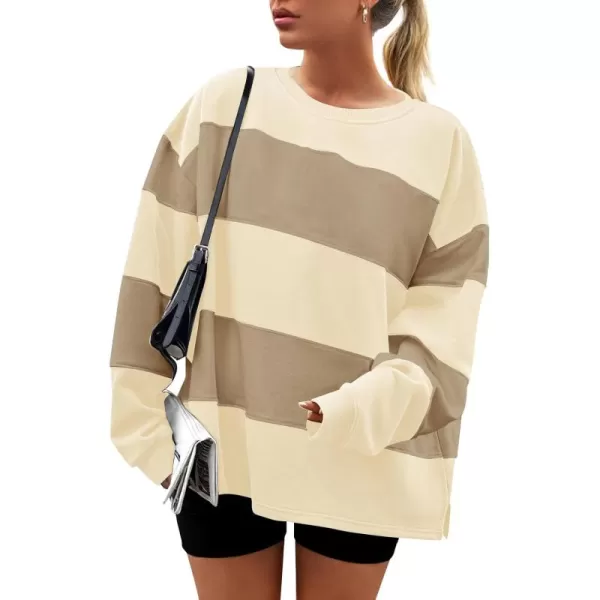 ZESICA Womens Fall Sweatshirt Tops Crewneck Long Sleeve Loose Oversized Striped Fleece Pullover 2024 ClothesApricot