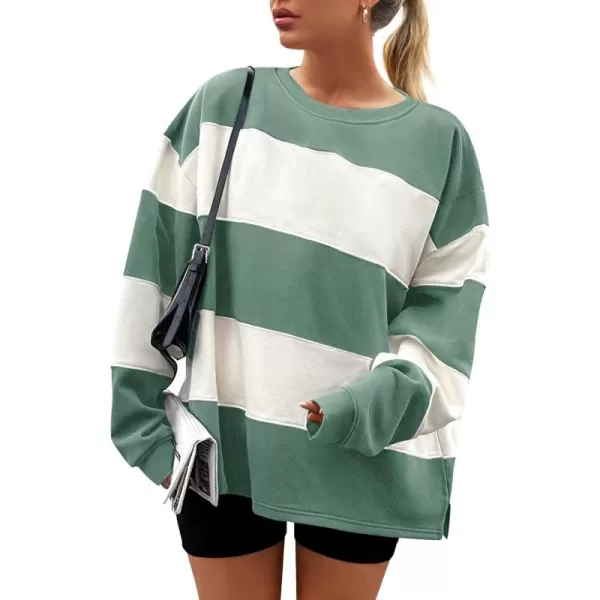 ZESICA Womens Fall Sweatshirt Tops Crewneck Long Sleeve Loose Oversized Striped Fleece Pullover 2024 ClothesGreen